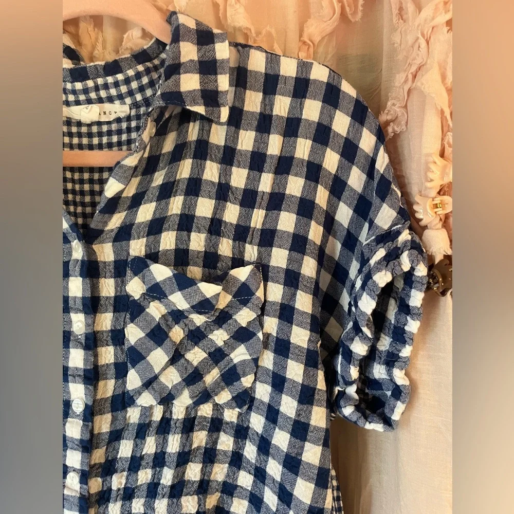 Jane + Delancey Navy and White Gingham Button-Up Shirt. Vintage retro vibe - Picture 3 of 5